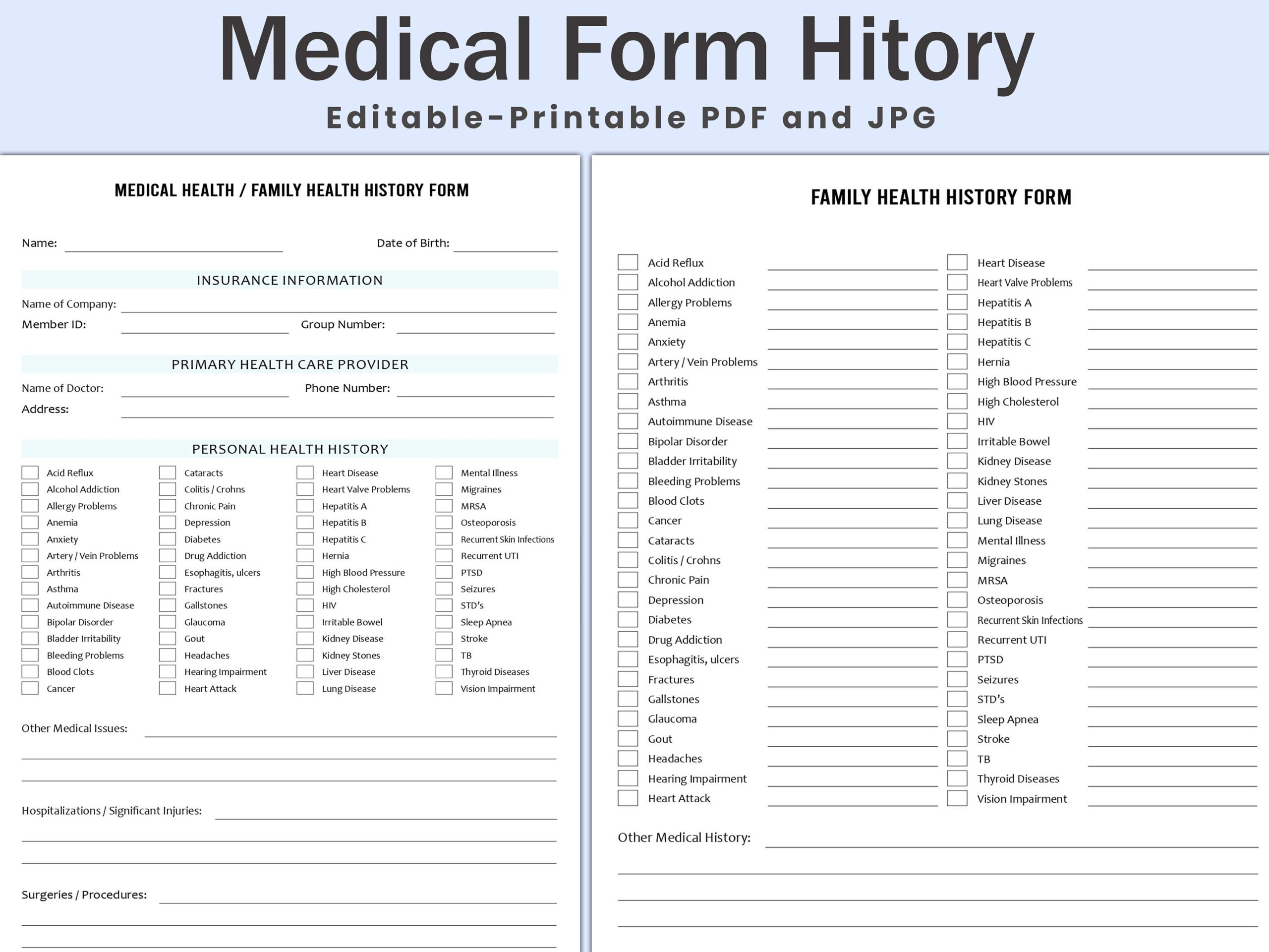 Editable Medical History Form Family Medical History Form 