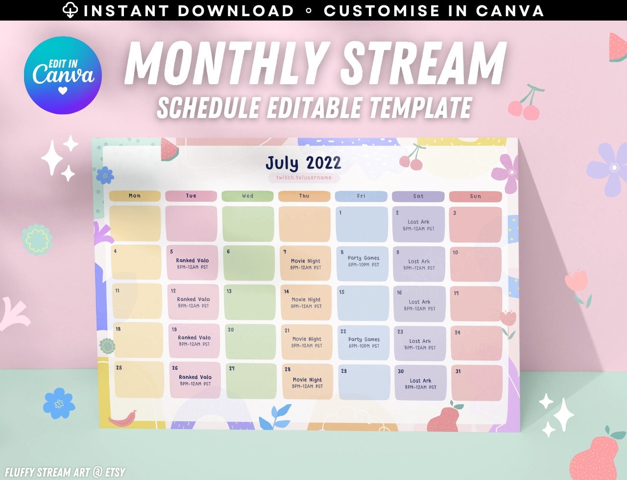 Editable Monthly Stream Schedule Twitch Youtube Cute Fruits 