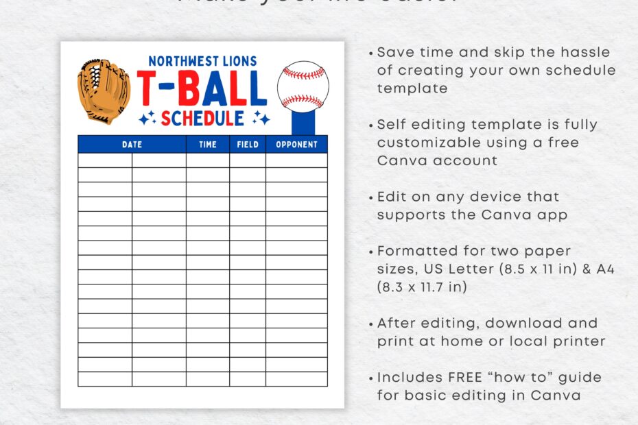 Editable T ball Schedule Template Printable T ball Game Practice Calendar Etsy