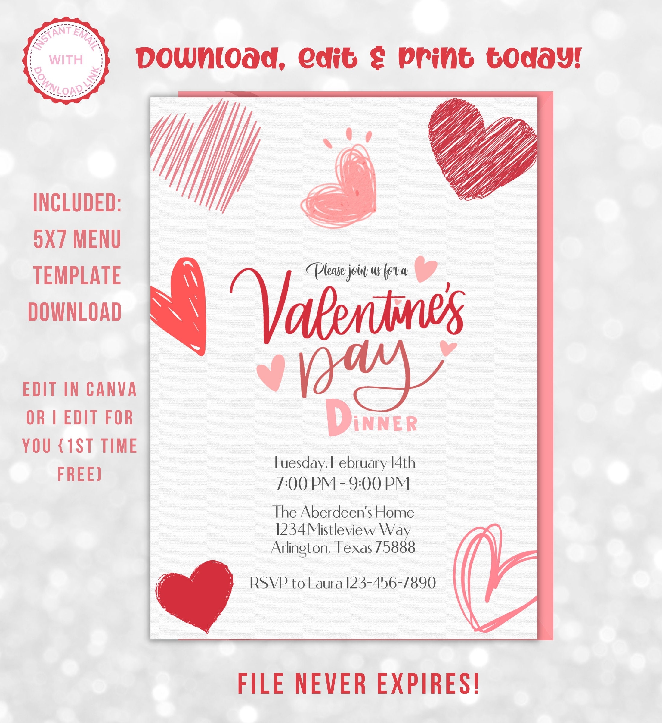 Editable Valentines Day Dinner Party Invitation Red Valentines Day Card Dance Hearts Party Etsy