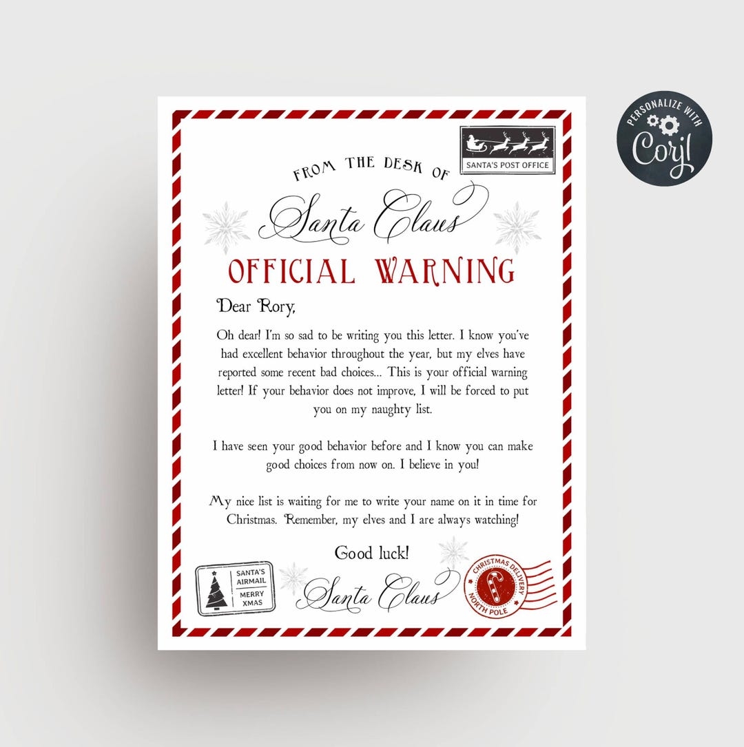 Editable Warning Letter From Santa Template Printable North Pole Elf Mail Official Warning Bad Behavior Letter Instant Download Etsy