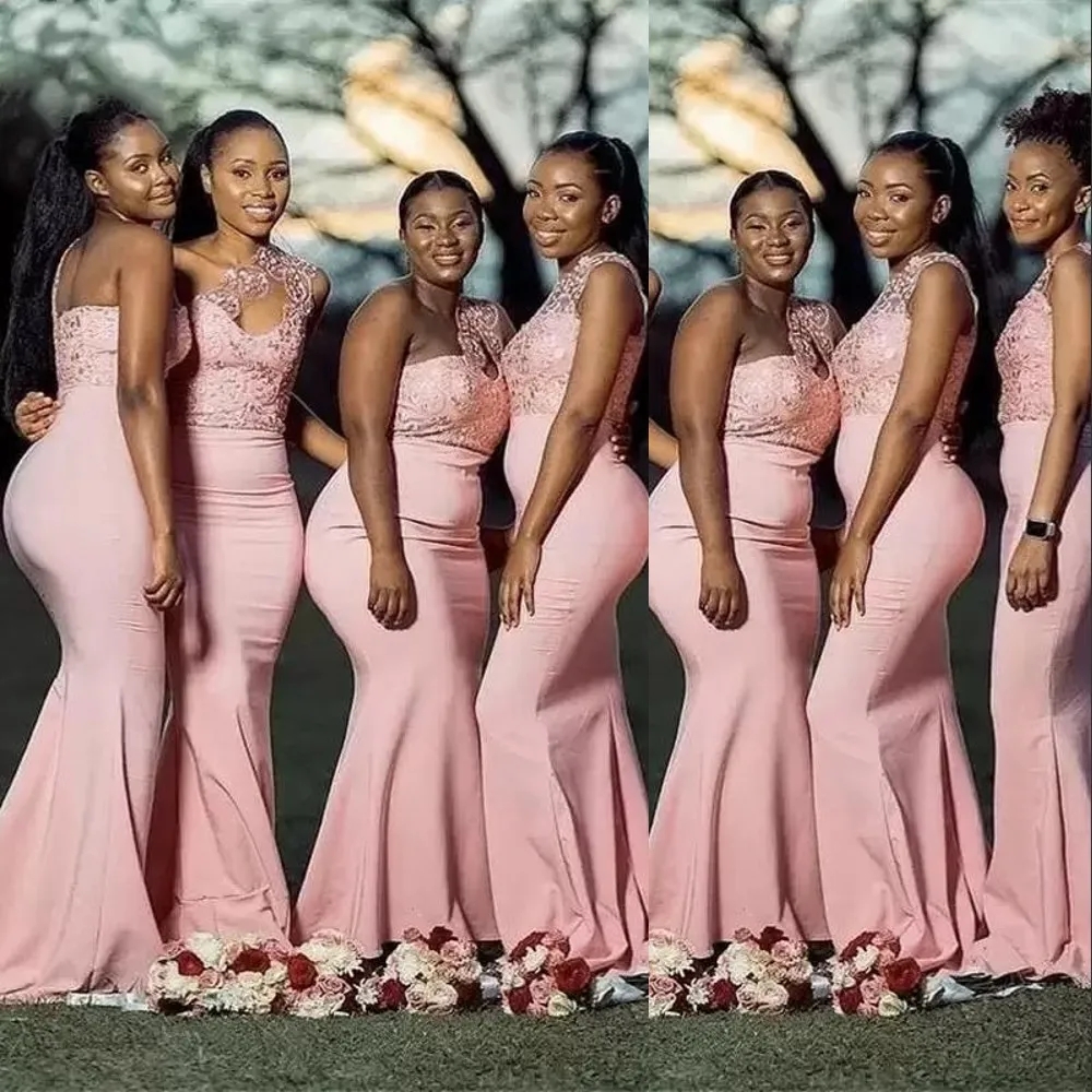 Elegant Blush Pink Bridesmaid Dresses Long One Shoulder Mermaid Gown With Lace Appliques And Beads Sweep Train Elastic Satin Maid Of Honor Dress