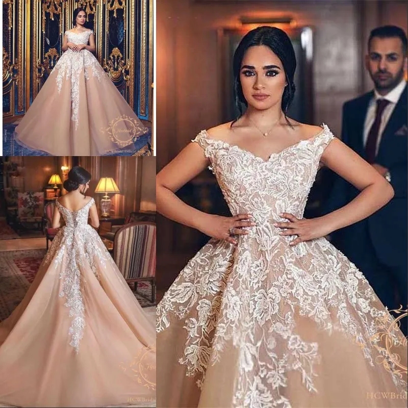Elegant Champagne Lace Customizable Champagne A Line Wedding Dress With White Lace Corset 