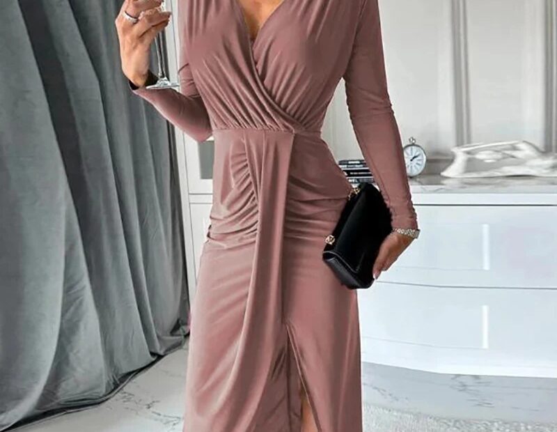 Elegant Pary Dress Women V Neck Long Sleeve Bodycon Dresses For Women Sexy Midi Dress Solid Color Split Up Office Dress AliExpress