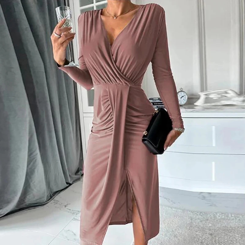 Elegant Pary Dress Women V Neck Long Sleeve Bodycon Dresses For Women Sexy Midi Dress Solid Color Split Up Office Dress AliExpress
