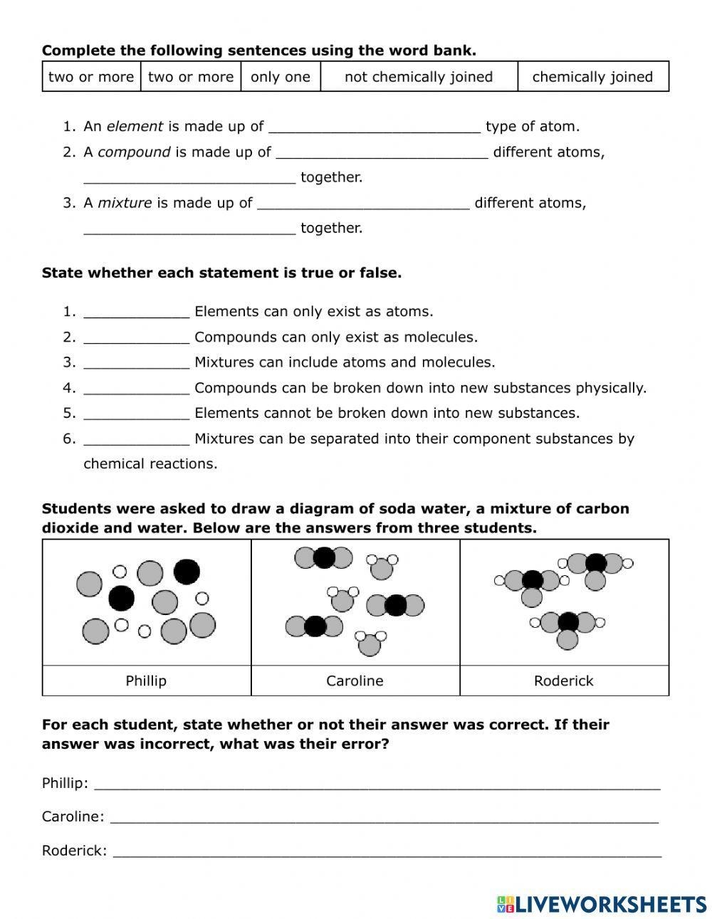 elements compounds and mixtures worksheet answer key