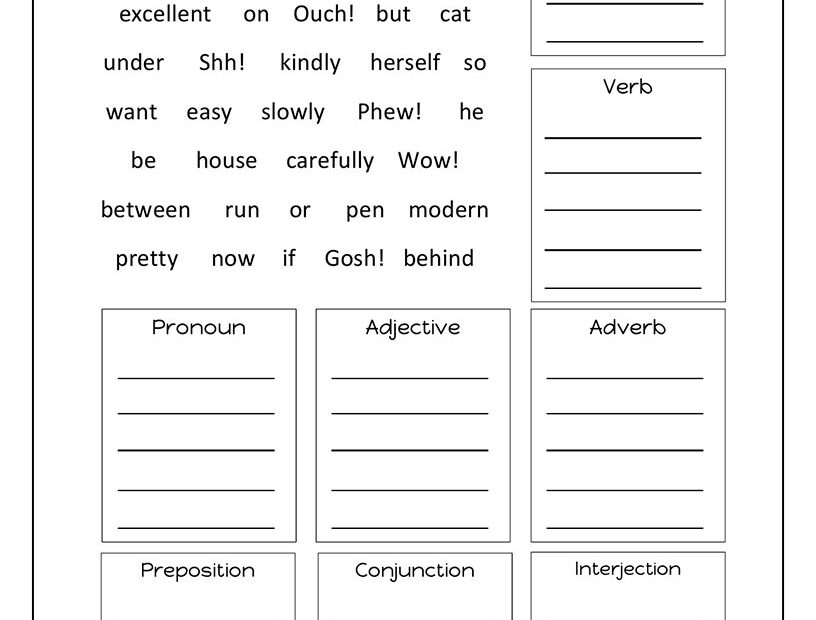 English Unite Parts Of Speech Worksheet