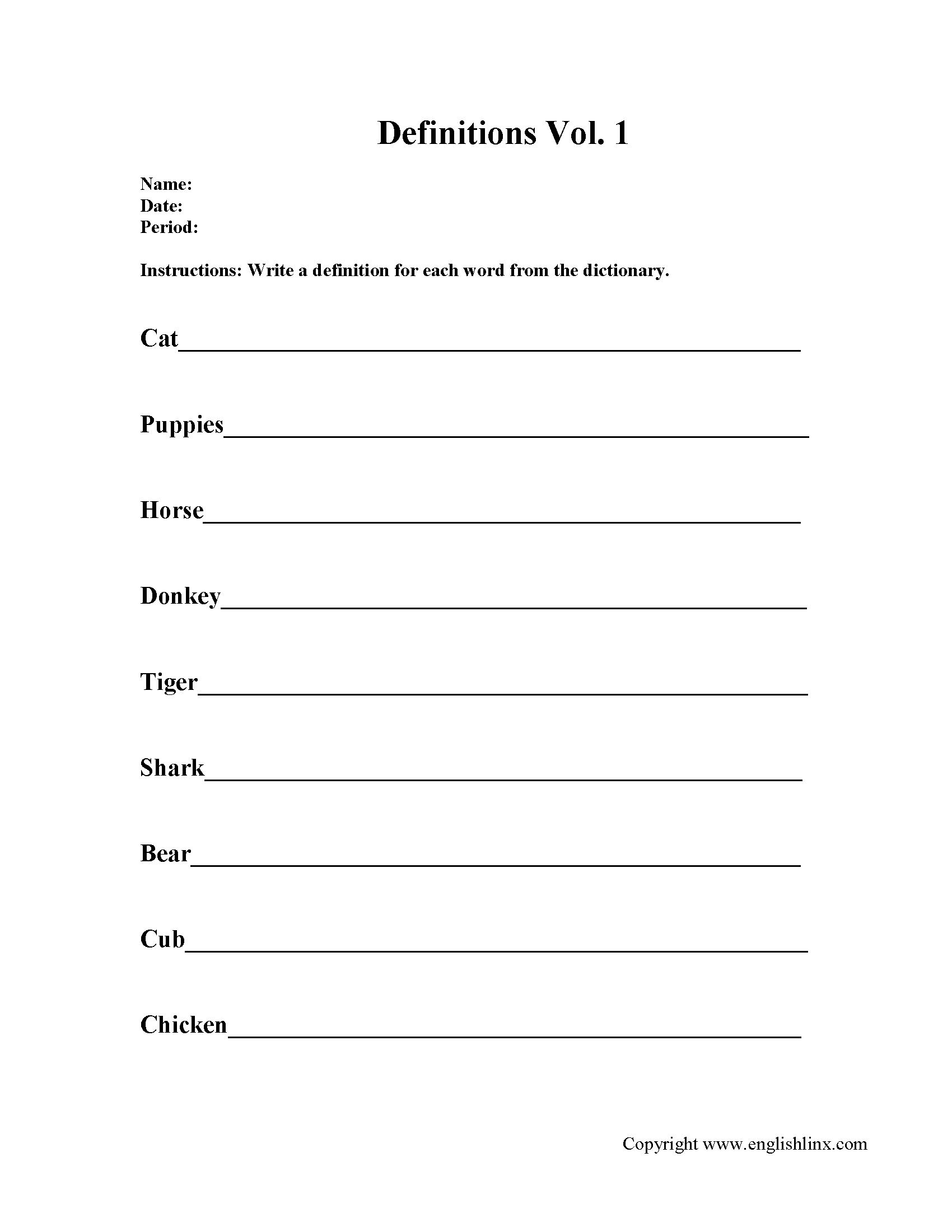 Englishlinx Writing Definition Worksheets