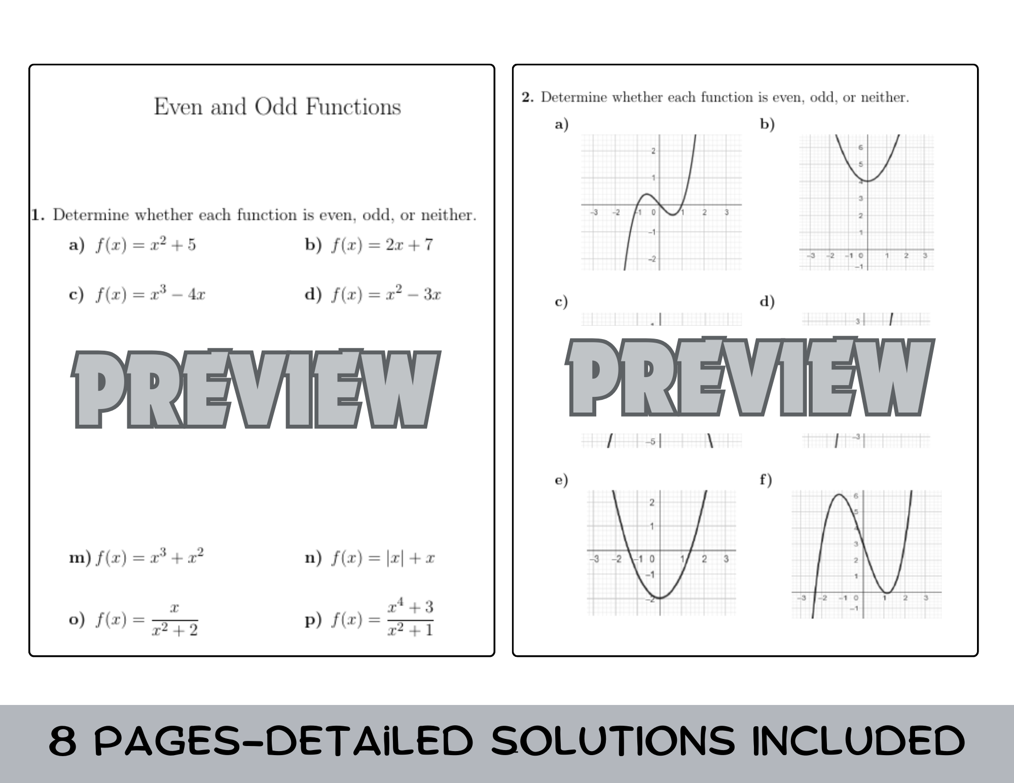 Even And Odd Functions Worksheet with Solutions Teaching Resources