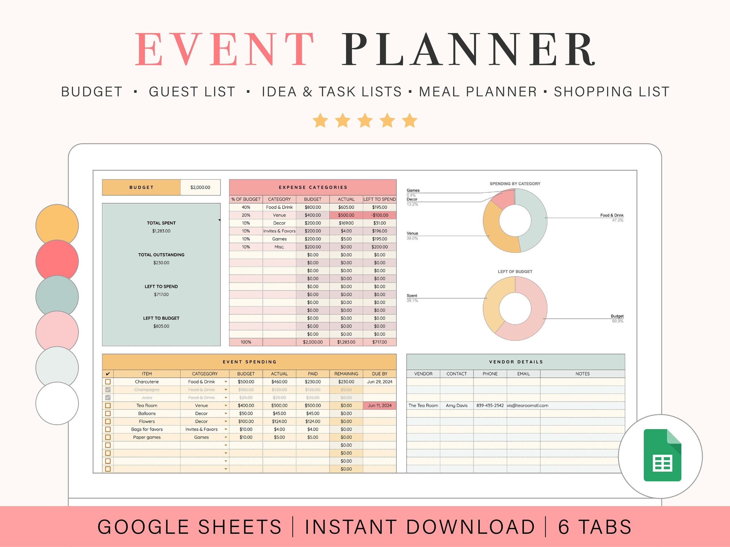 Event Planner Spreadsheet Google Sheets Spreadsheet Template Digital Party Planner Etsy