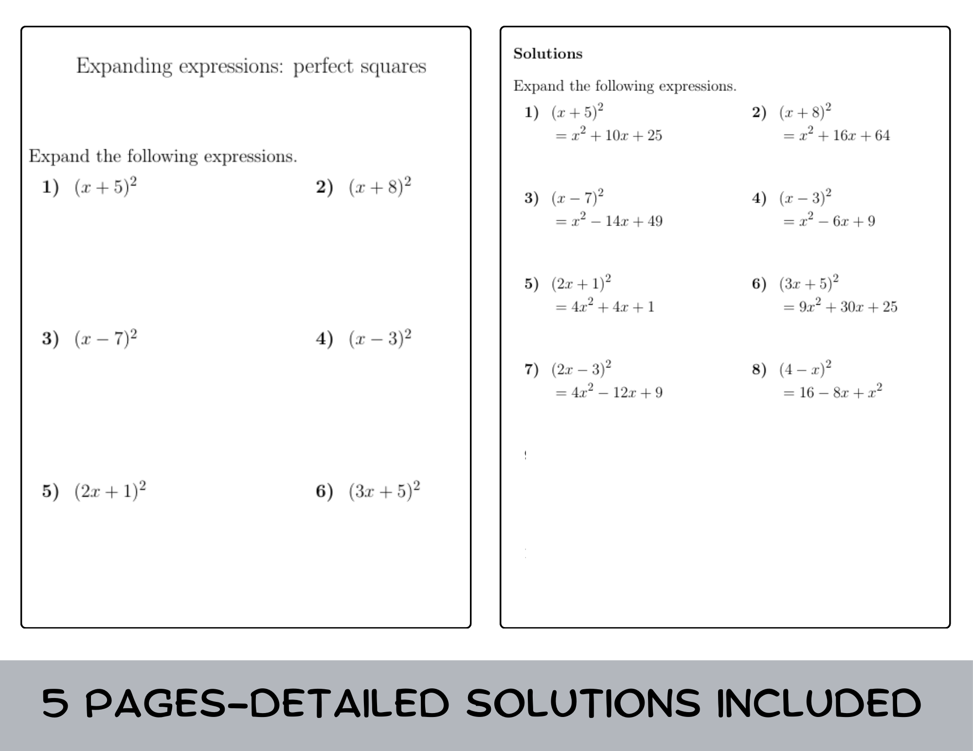 Expanding Expressions Perfect Squares Worksheet with Solutions Teaching Resources