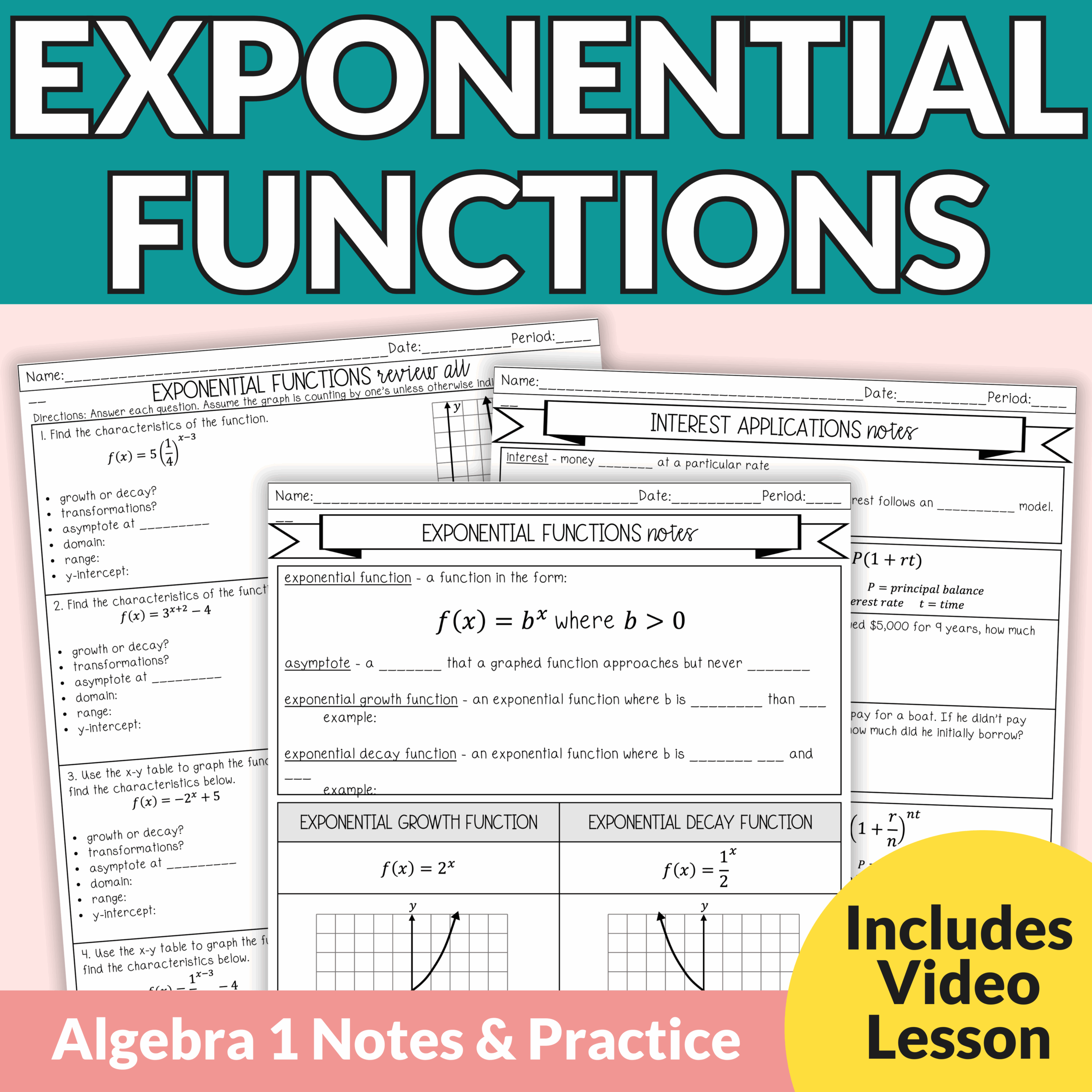 Exponential Functions Notes And Worksheets For 8th 11th Grade Algebra 1 Lindsay Bowden