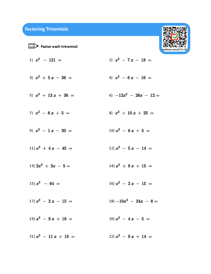 Factoring Trinomials Worksheets