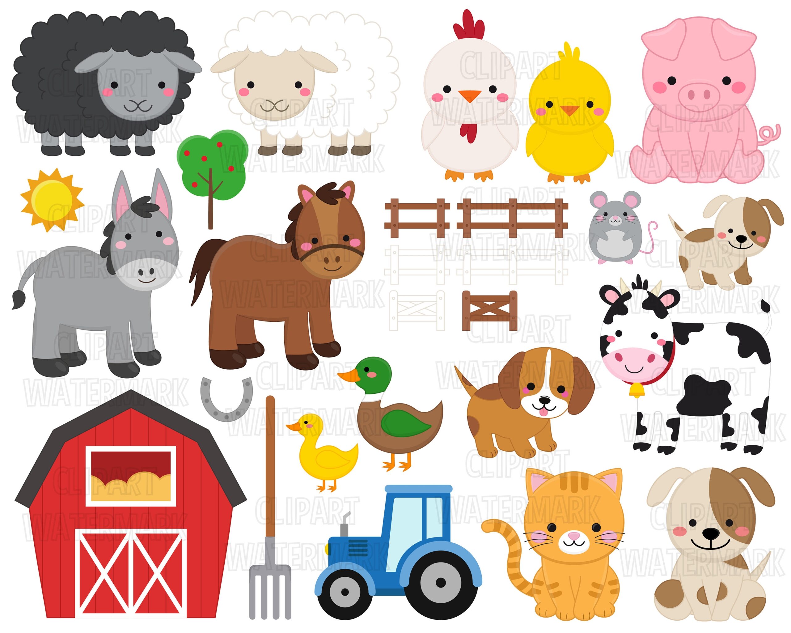 Farm Animals Clipart Cow Horse Chicken Duck Dog Cat Mouse Clipart Barn Clipart Sheep Tractor Svg Png Commercial Use Etsy