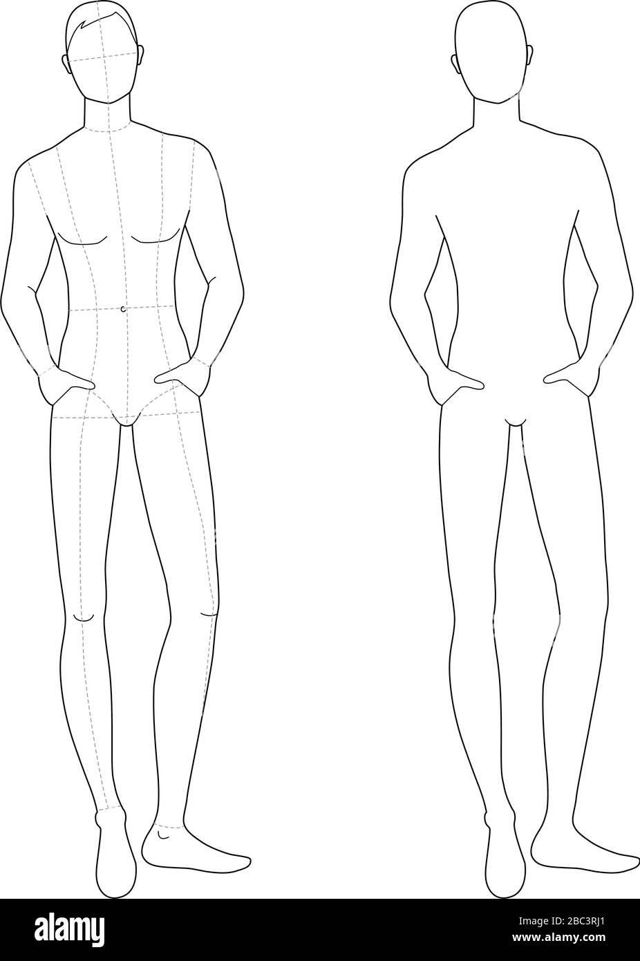 Fashion Template Of Relaxing Stand Men 9 Head Size For Technical Drawing With And Without Main Lines Gentlemen Figure Front View Vector Outline Boy For Fashion Sketching And Illustration Stock Vector Image