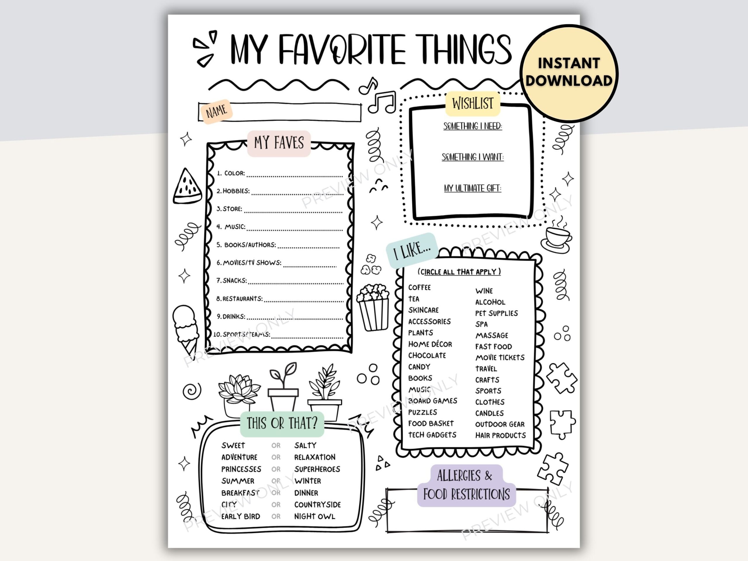 template my favorite things list free printable