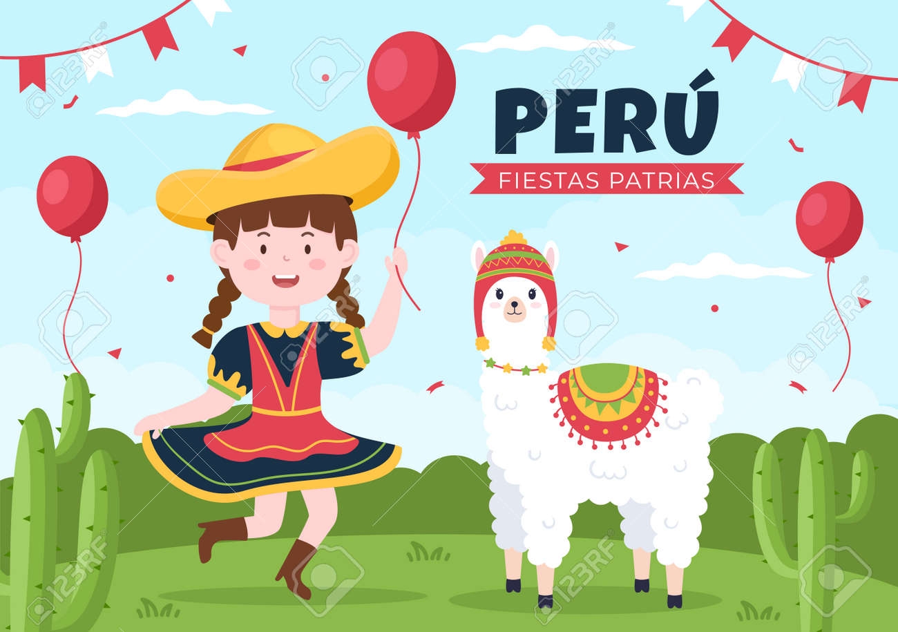 Felices Fiestas Patrias O Ilustraci n De Dibujos Animados Del D a De La Independencia Peruana Con Bandera Y Gente Linda Para La Celebraci n Nacional De Per El 28 De Julio En Estilo Plano