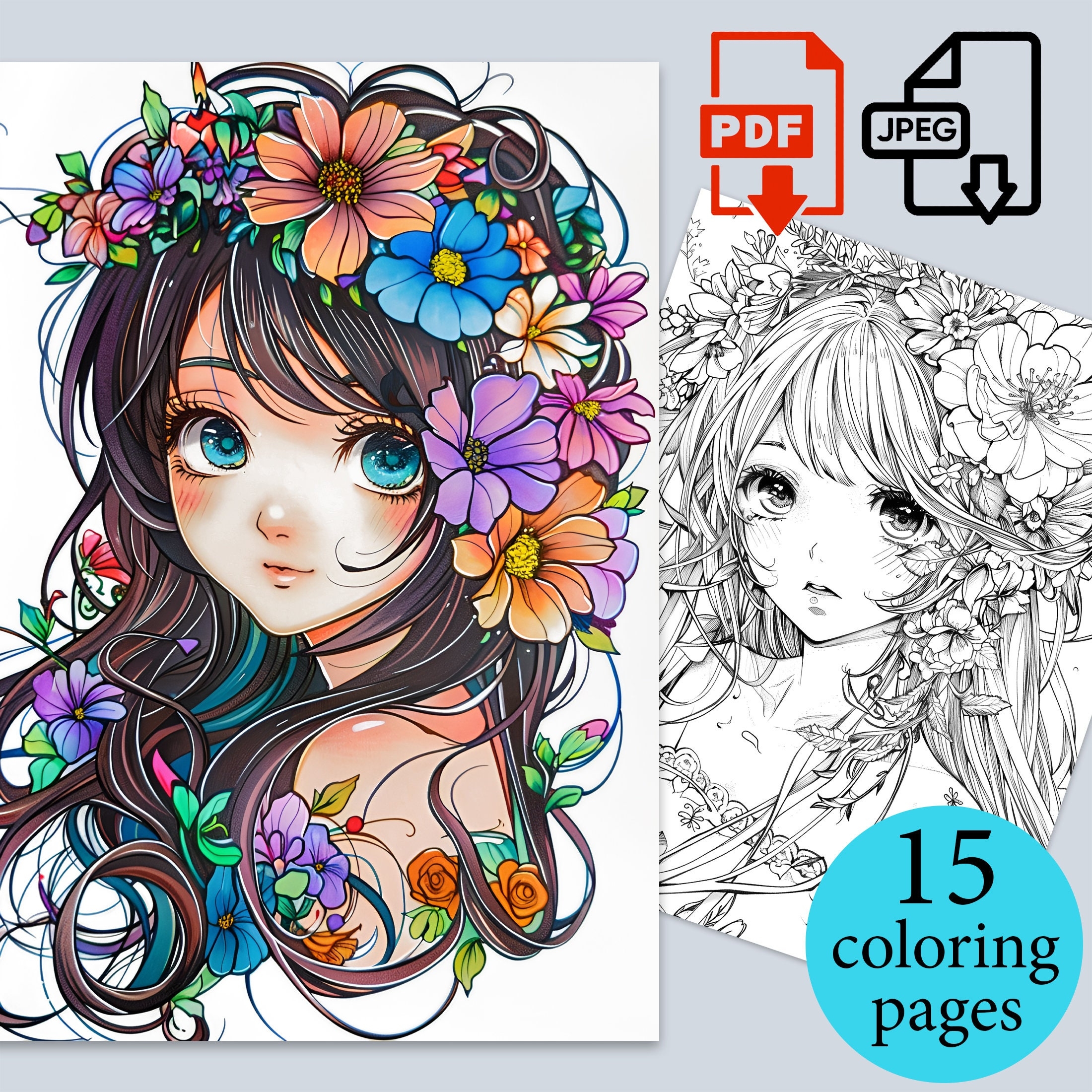 Flower Anime Girls Coloring Book Digital Beautiful Portrait Sheets 