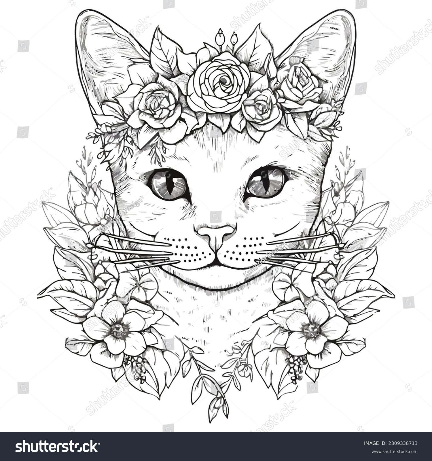 Flower Cat Coloring Pages Adults Stock Vector Royalty Free 