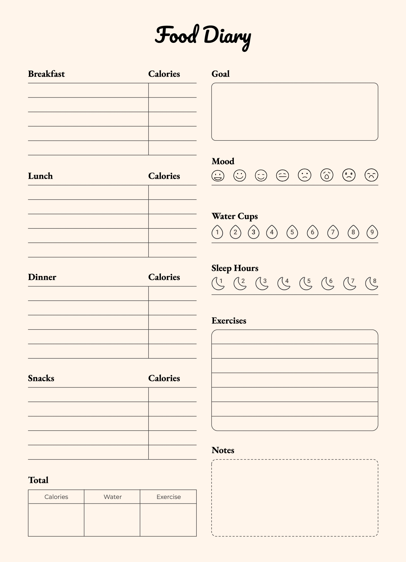 printable food diary template