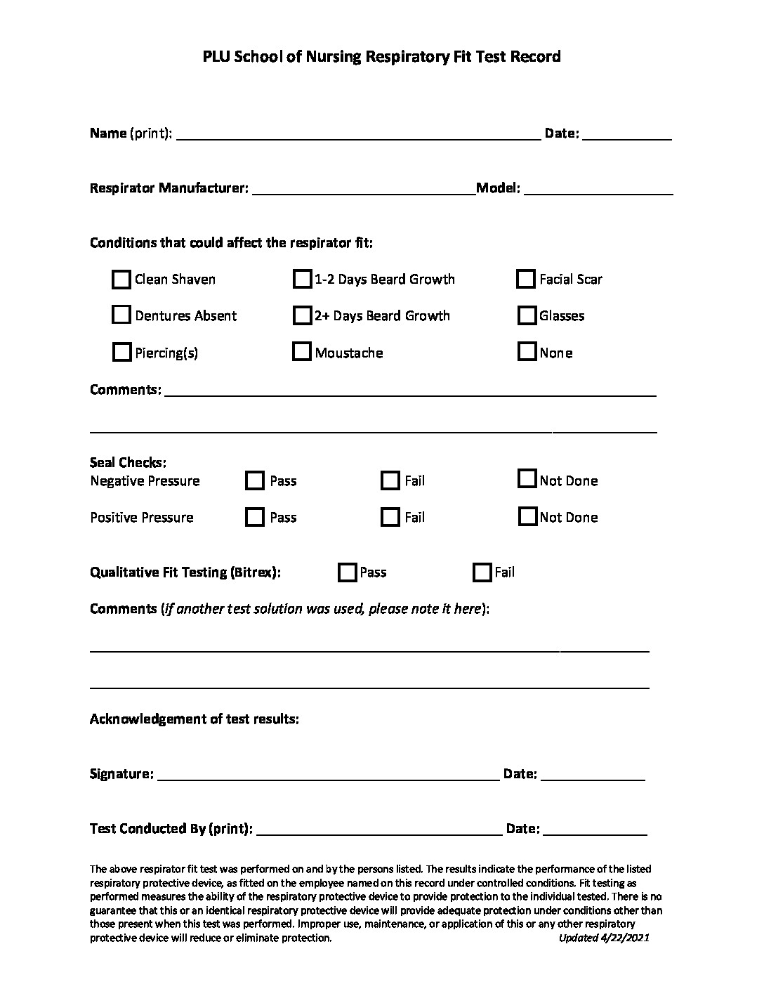 FORM Resp Fit Test Record Occupational Health And Safety Manual PLU