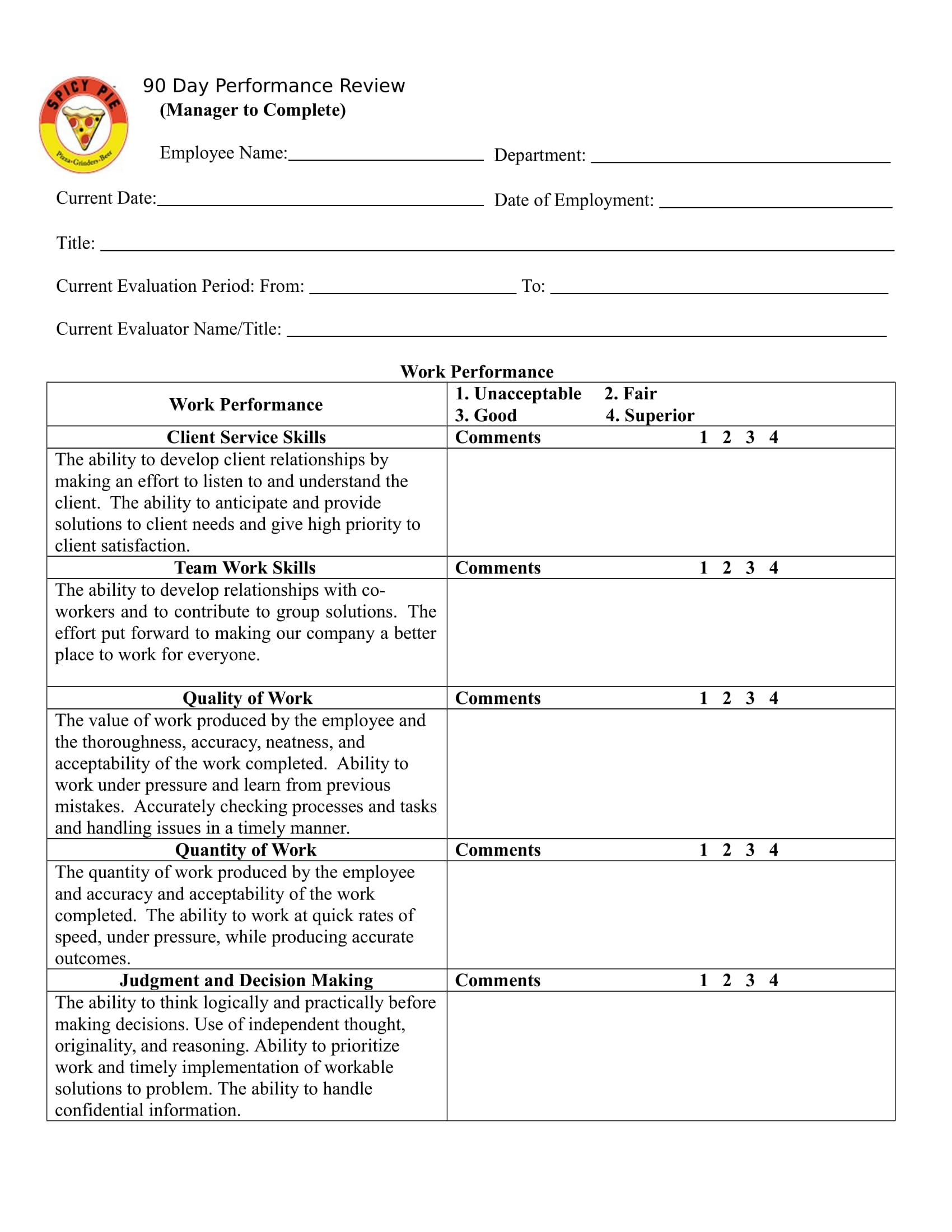printable 90 day review template