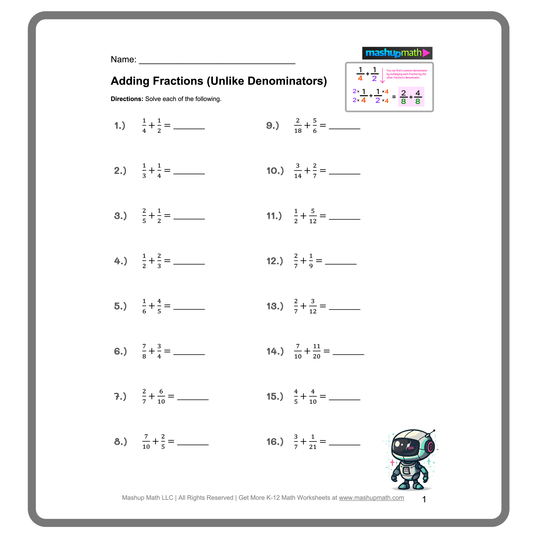 add fractions with unlike denominators worksheet
