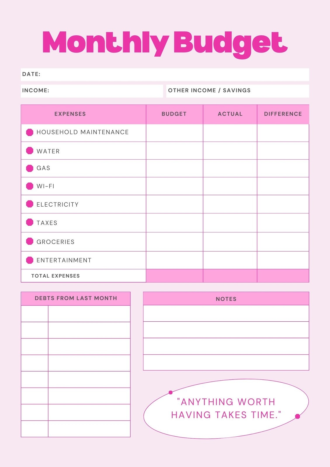 free budget printable template