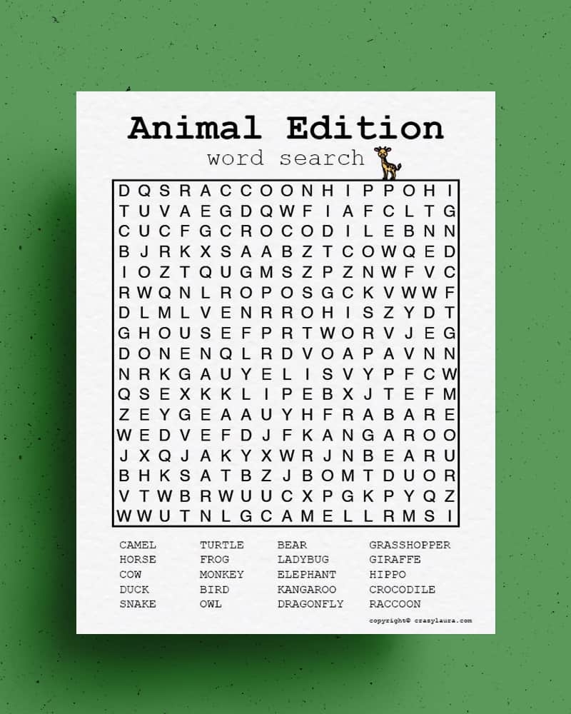 printable word search animals