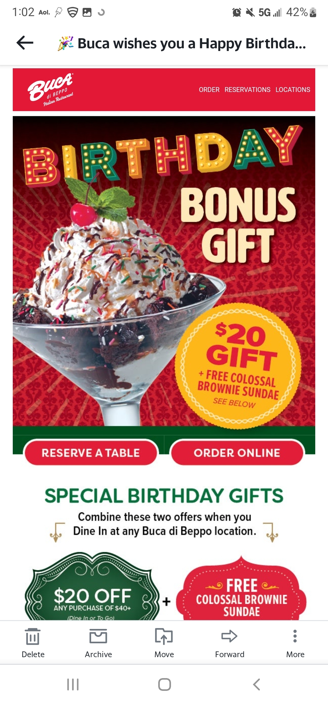 FREE Colossal Brownie Sundae U0026 20 Off Purchase Of 40 Or More For Your Birthday Buca Di Beppo MWFreebies