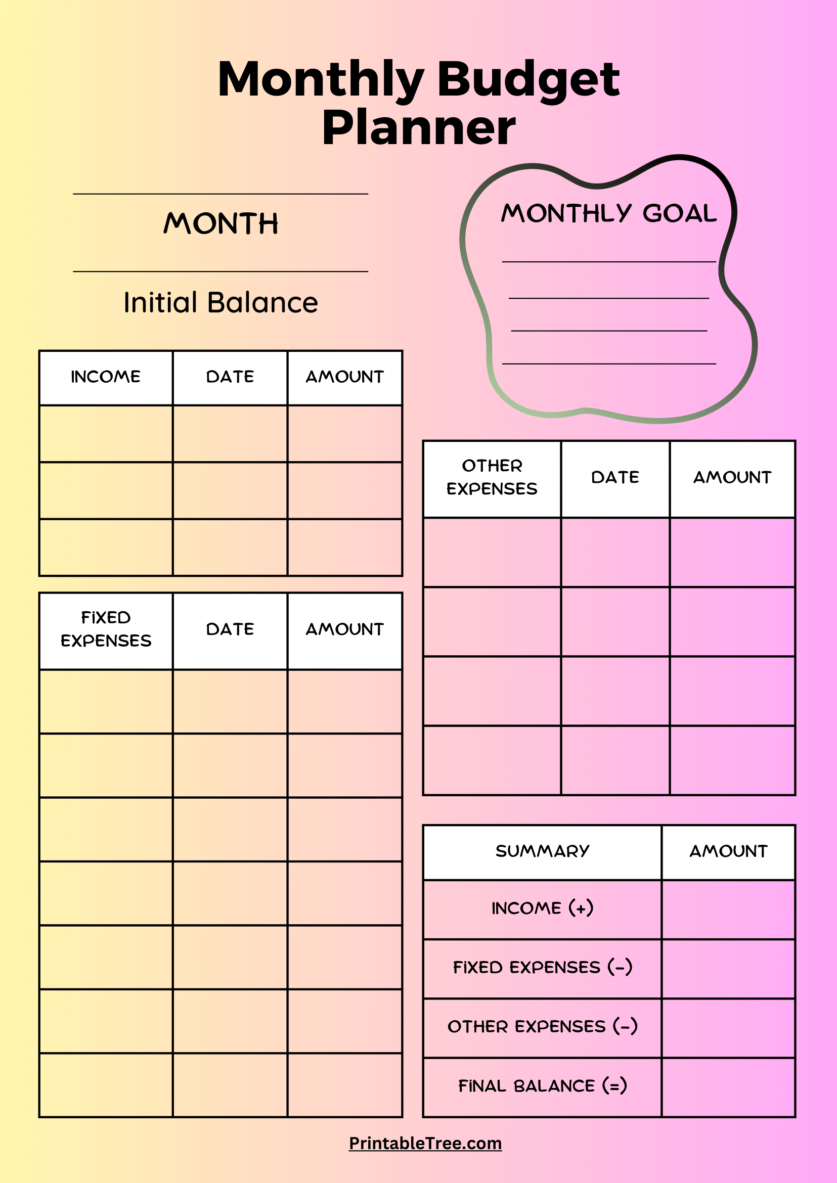 monthly budget template free printable