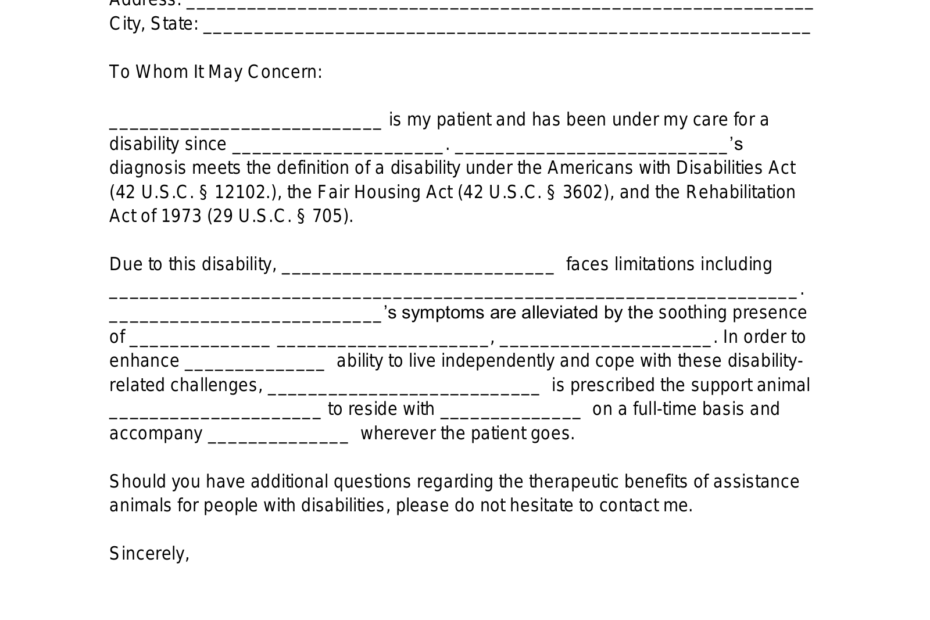 Free Emotional Support Animal ESA Letter Template PDF Word EForms