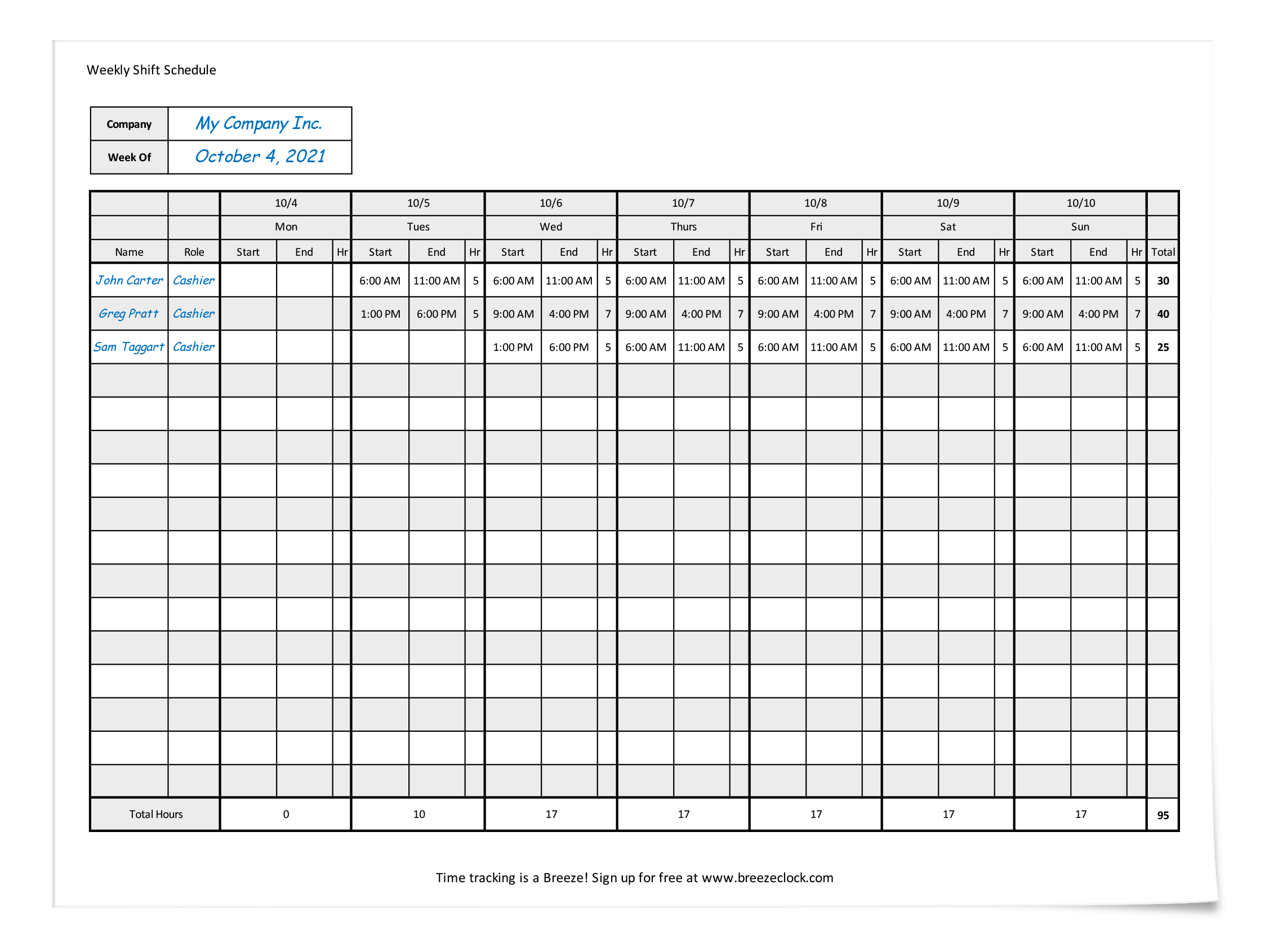 monthly work schedule template excel