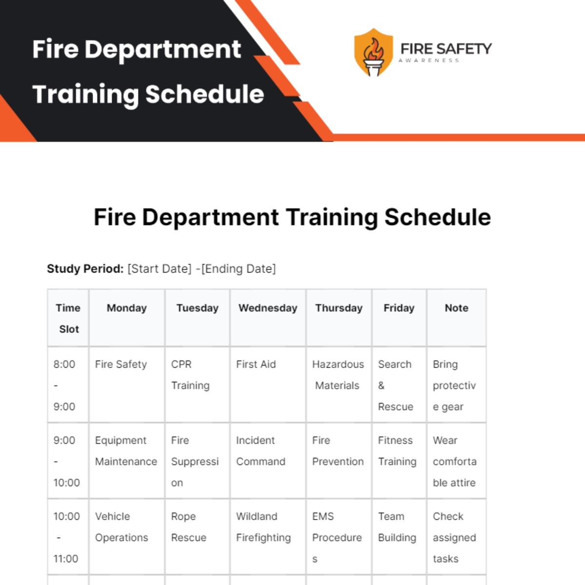 Free Fire Department Training Schedule Template To Edit Online