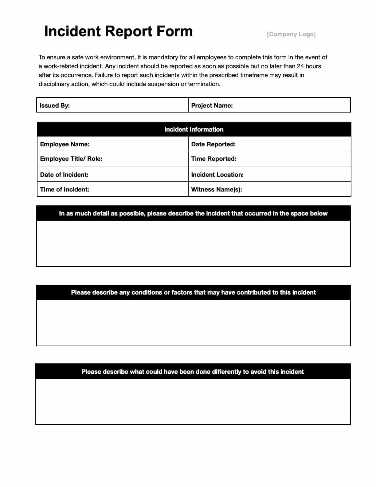 printable incident report template word