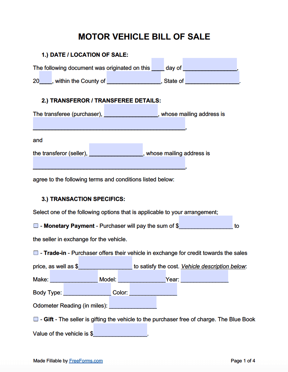 free printable bill of sale for a vehicle
