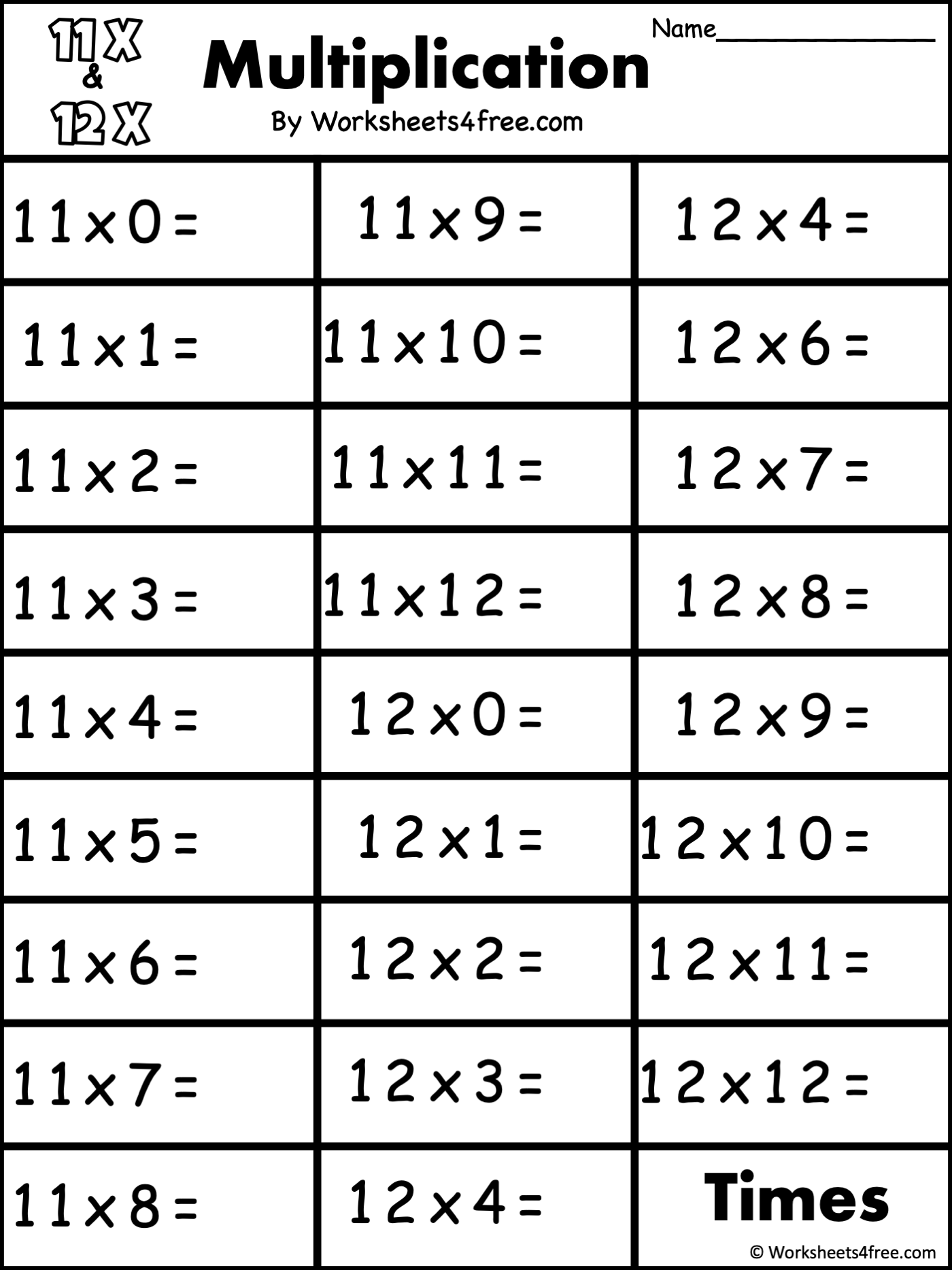 Free Multiplication Worksheet 11s U0026 12s Worksheets4Free