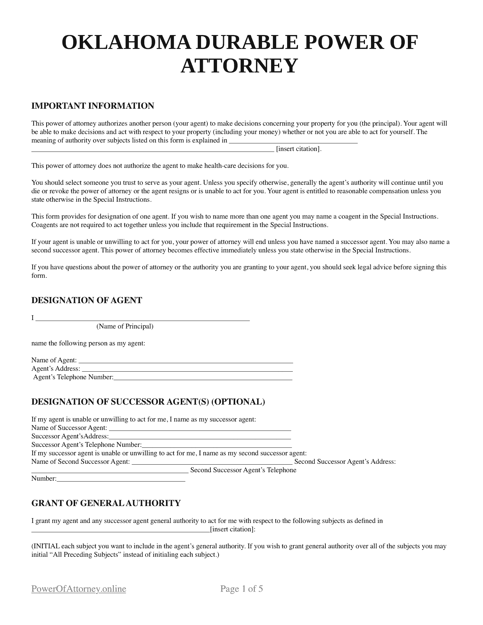 Free Oklahoma OK Power Of Attorney Forms U0026 Templates PDF