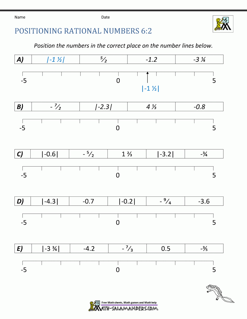Free Ordering Rational Numbers On A Number Line Worksheet 