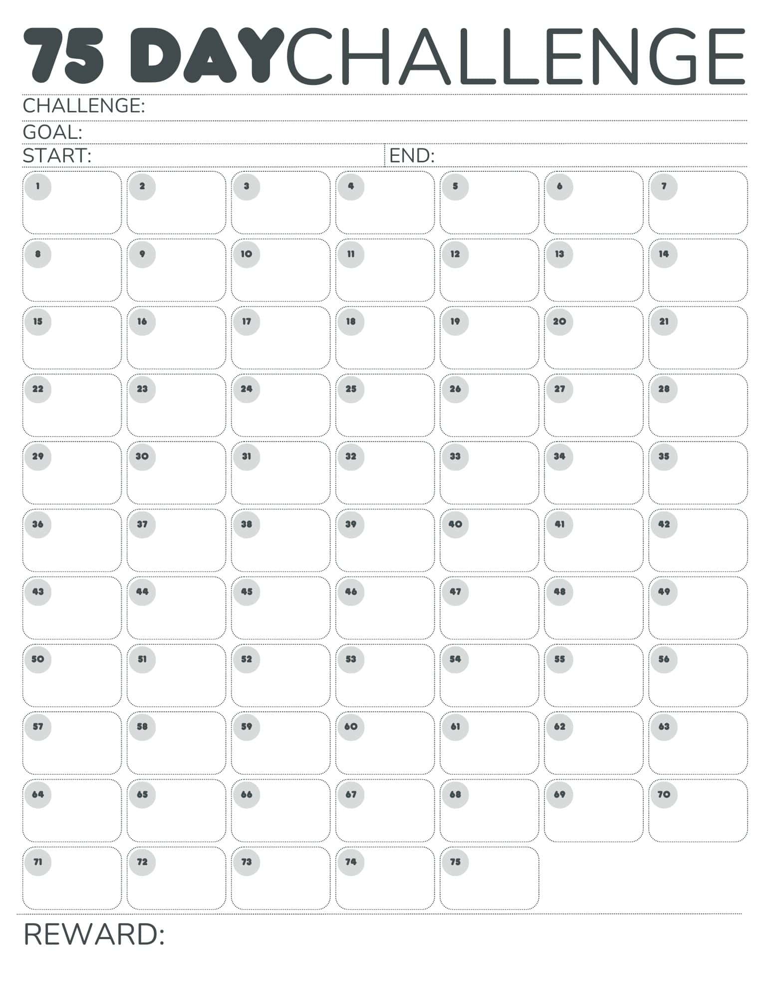 Free Printable 75 Day Challenge Calendar For 75 Hard 75 Medium 