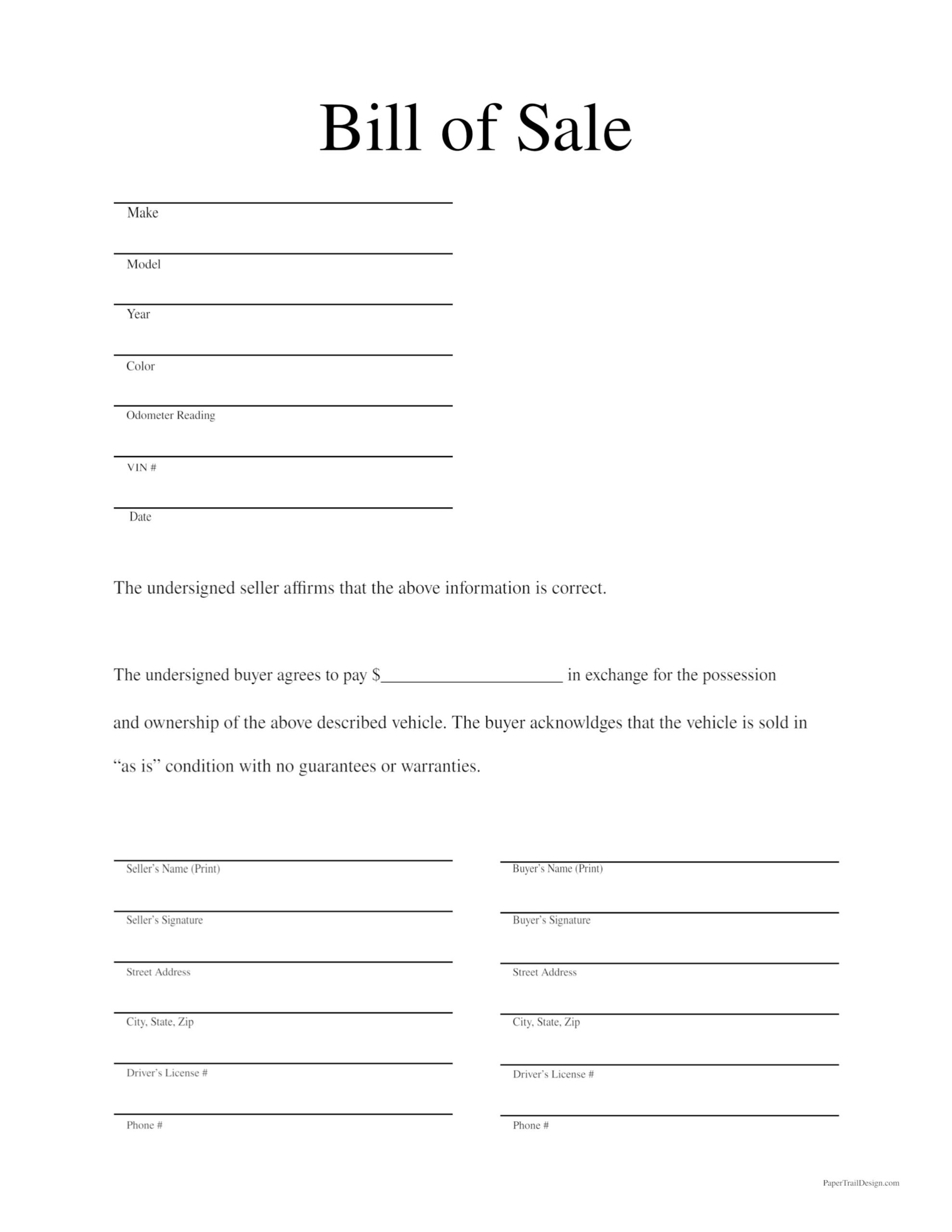 free printable blank bill of sale template