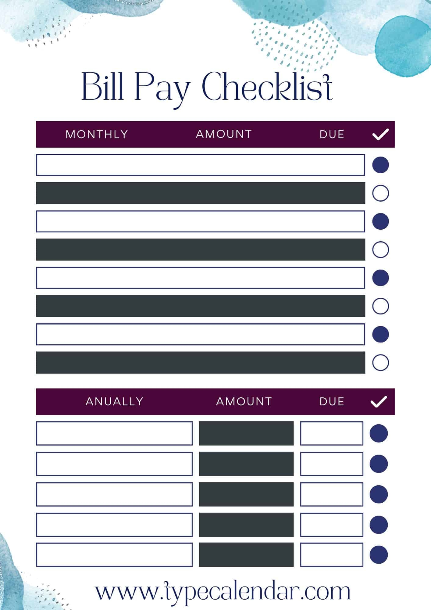 free bill pay checklist printable