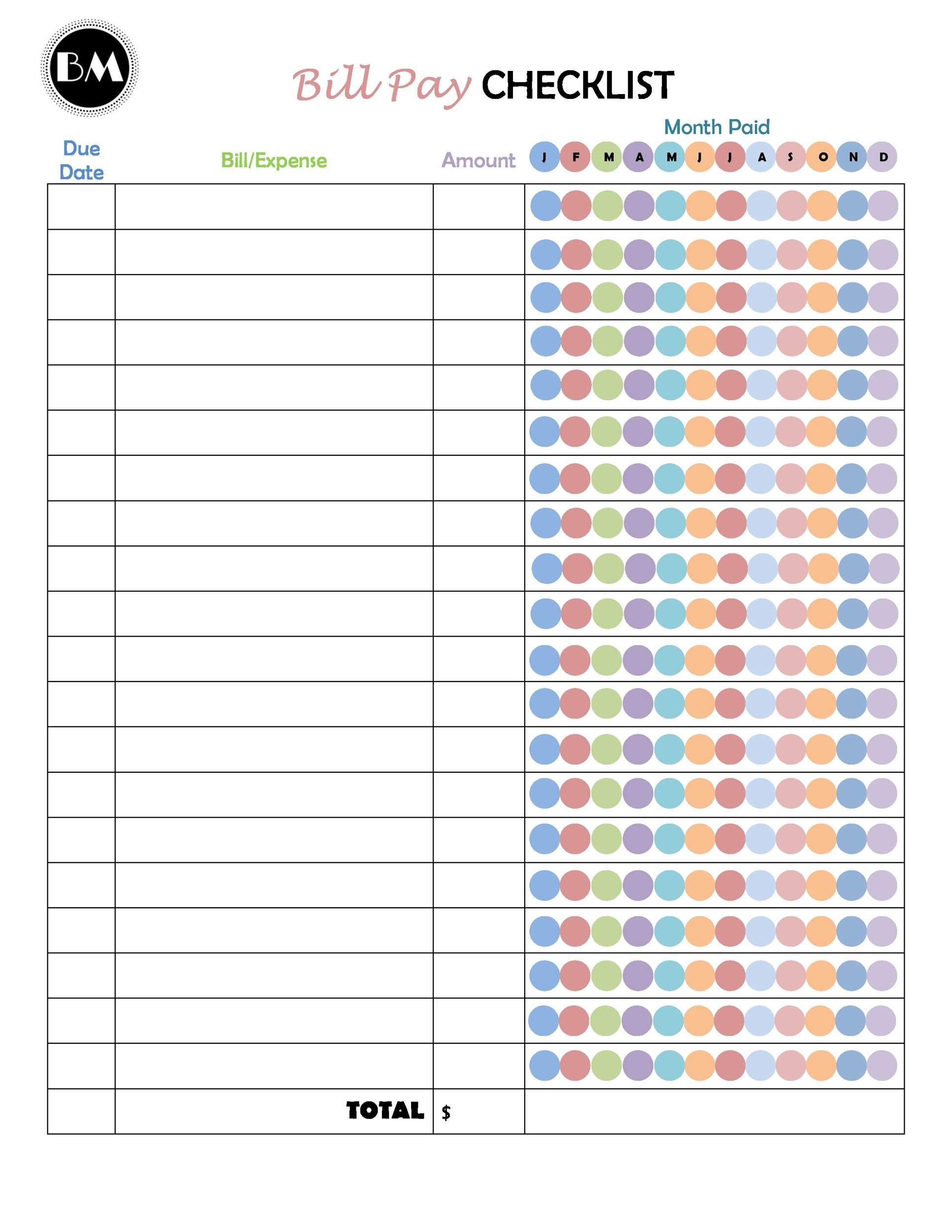 Free Printable Bill Payment Checklist Printable Alphabet Charts