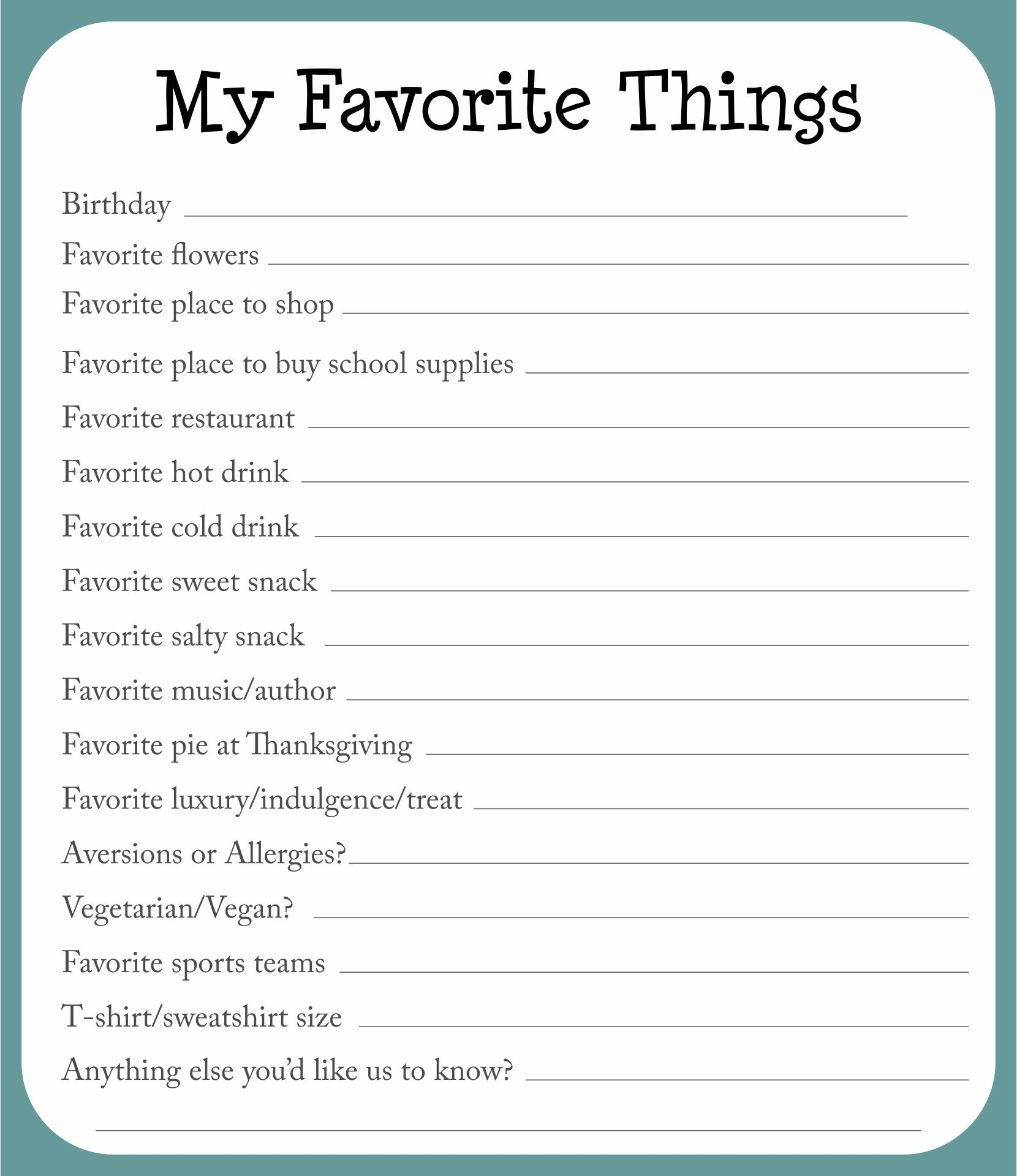 Free Printable My Favorite Things List Printable Printable Story Prompts