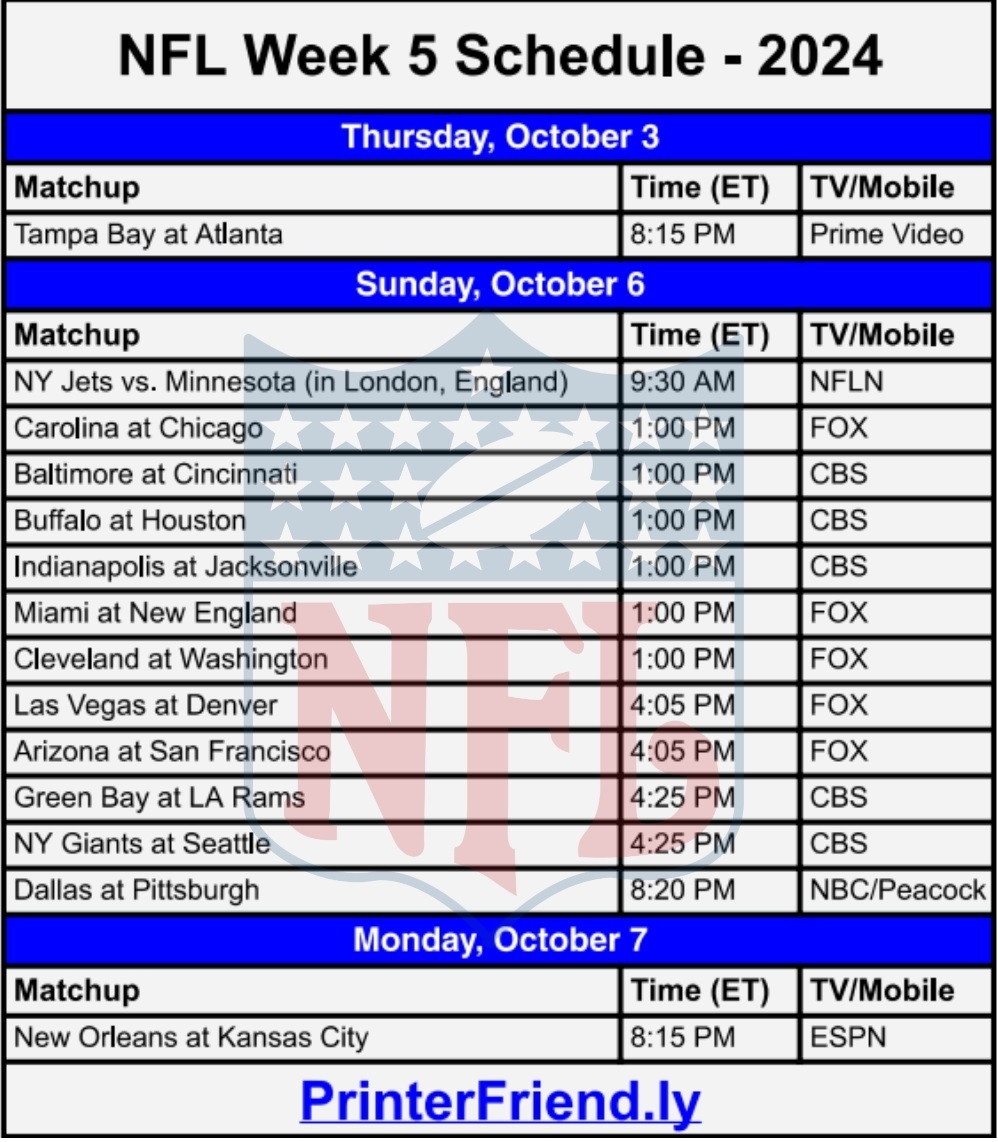 Free Printable NFL Schedule Archives Printerfriendly