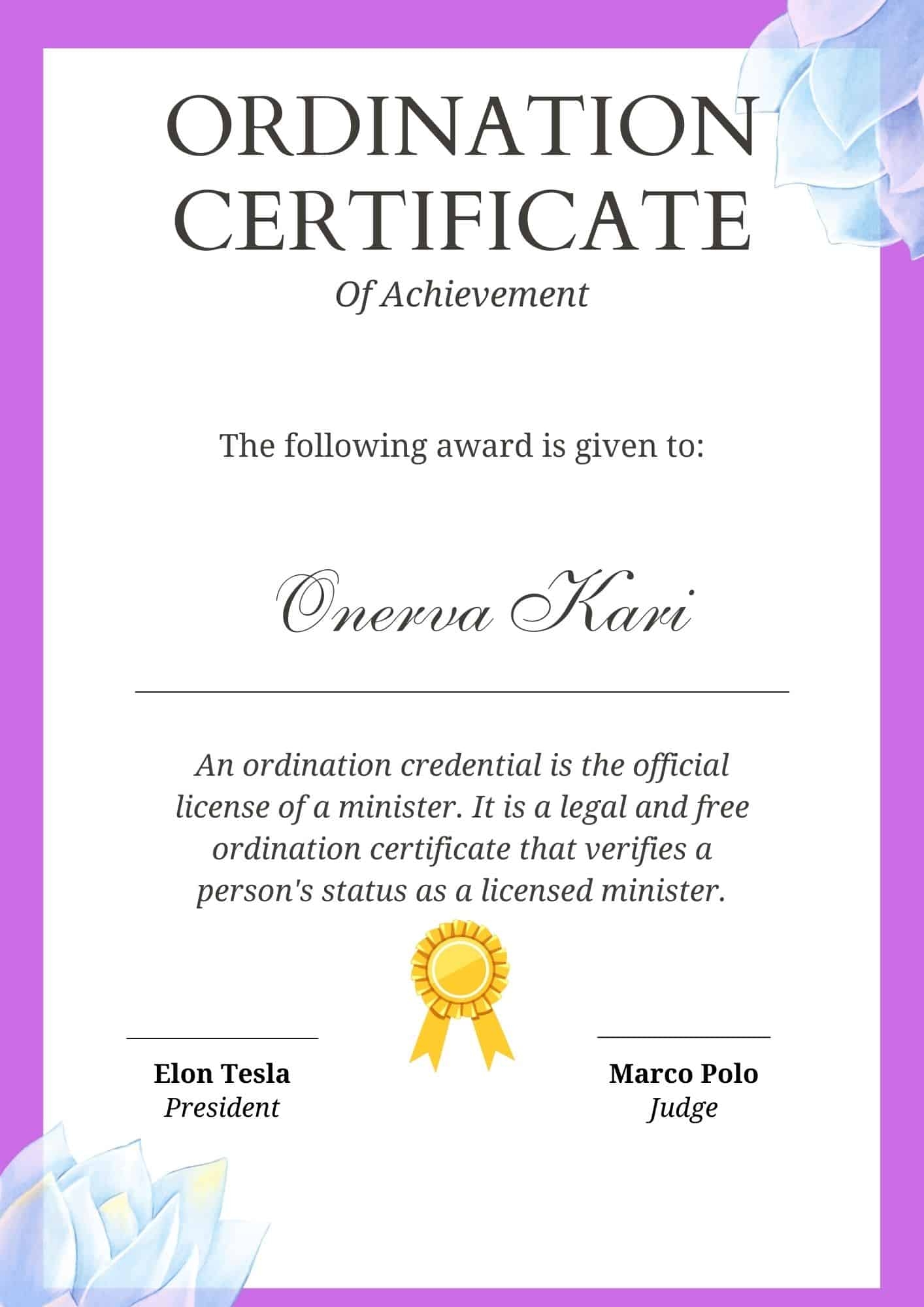 Free Printable Ordination Certificate Templates Minister U0026 Deacon 
