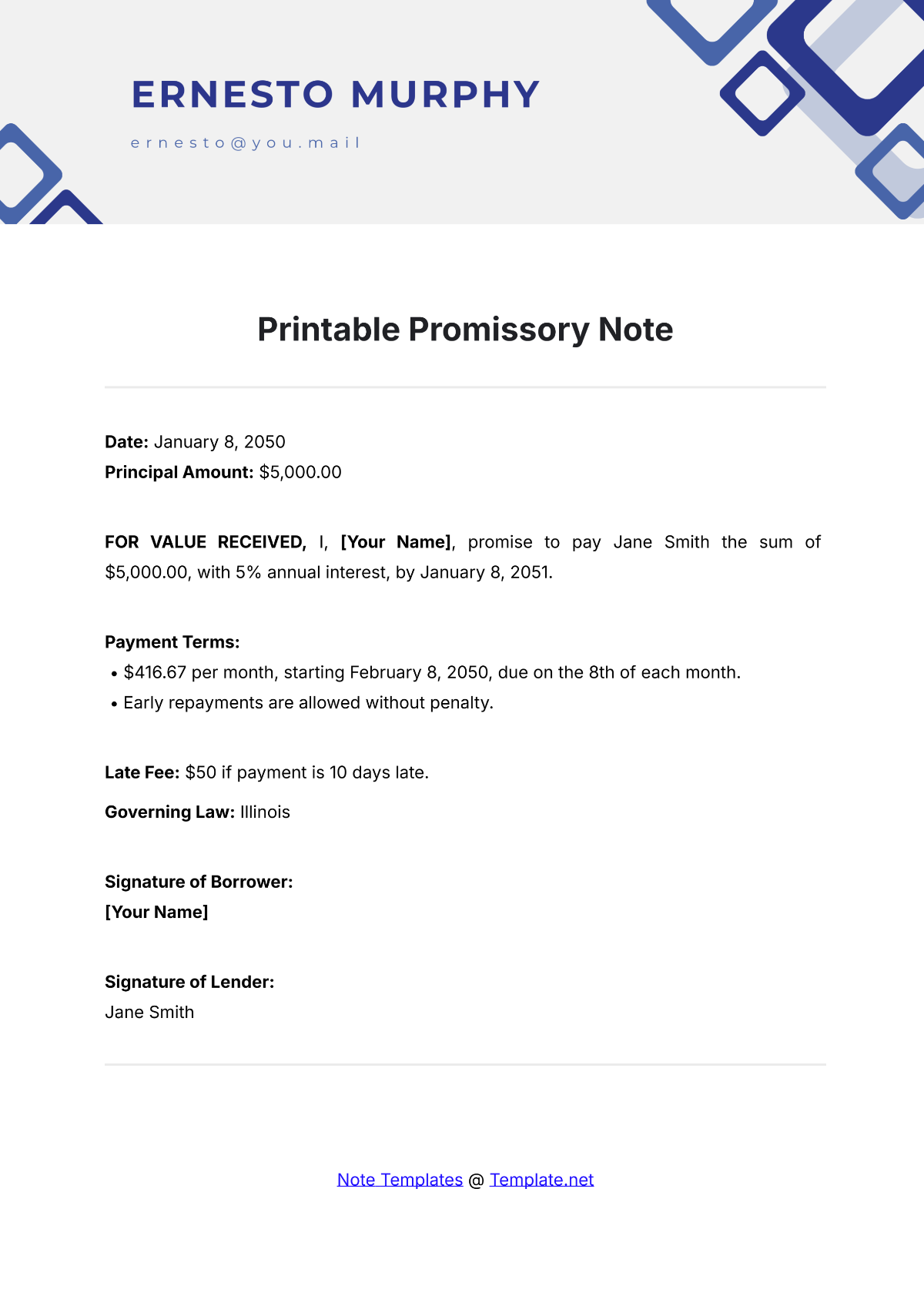 printable promissory note template