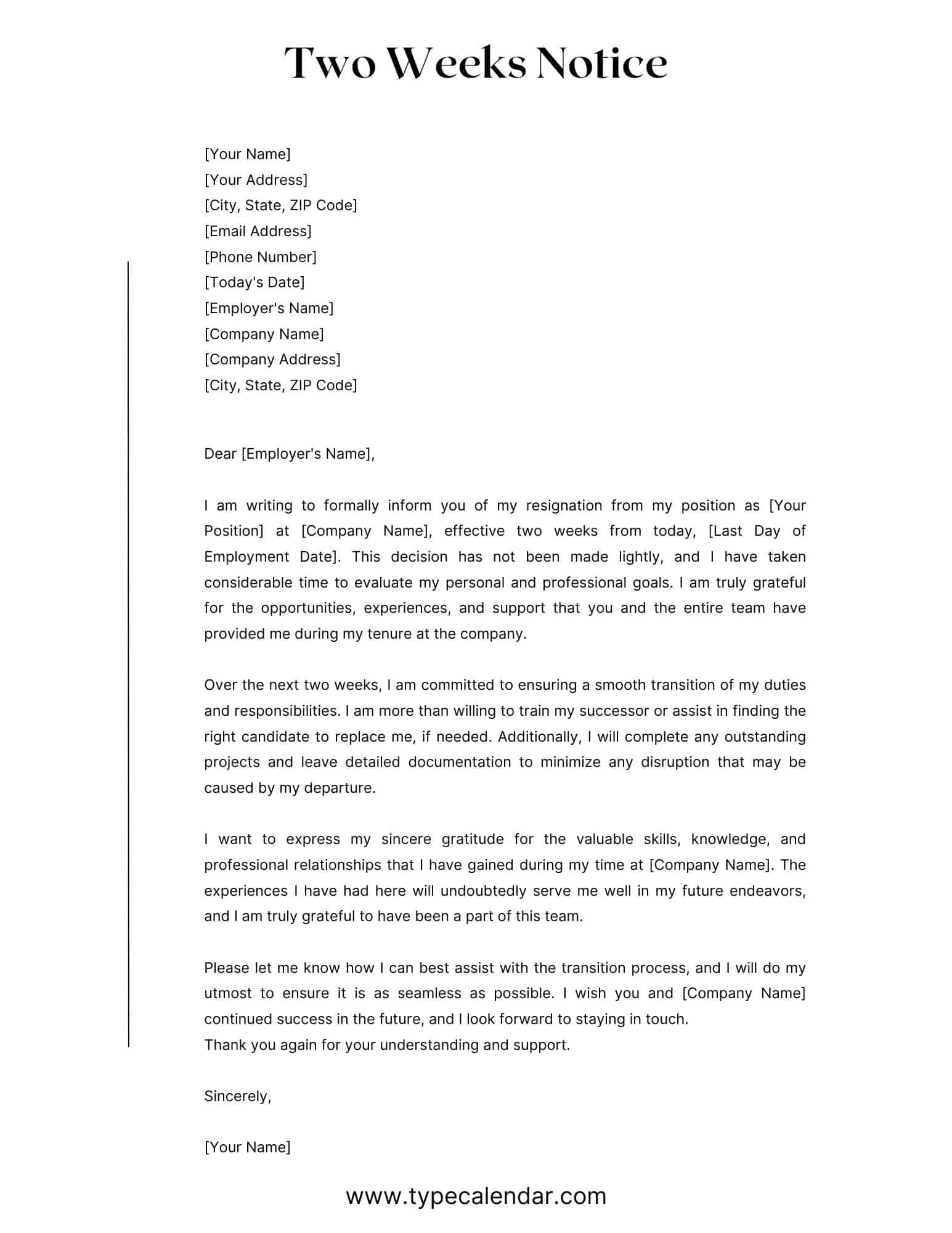 printable 2 week notice letter template word