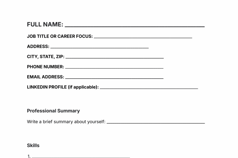 Free Professional Blank Resume Template To Edit Online