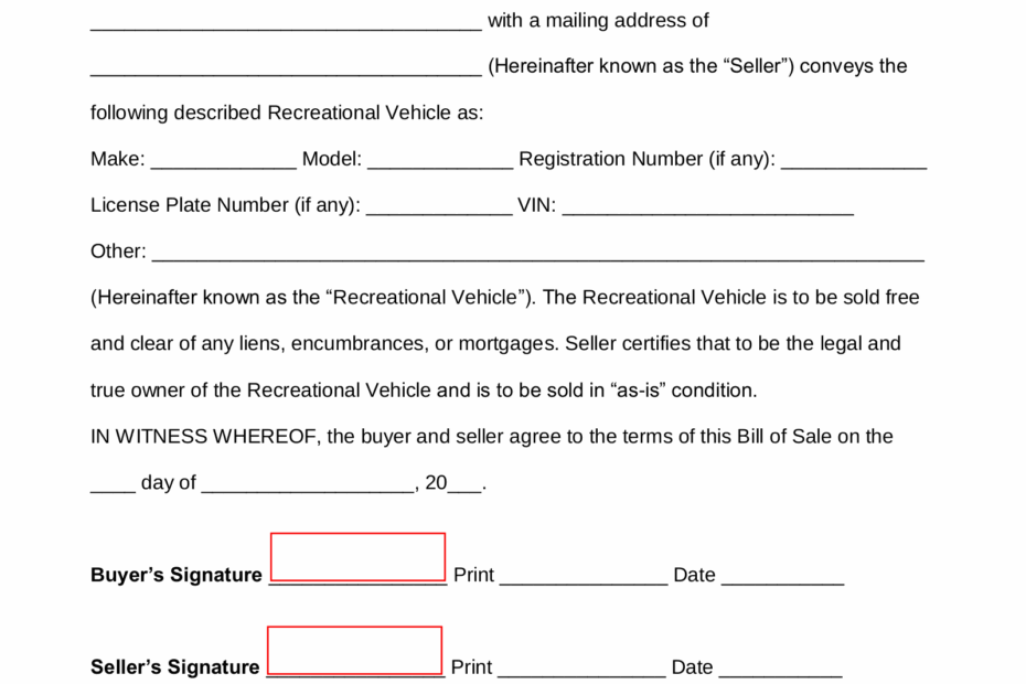 Free Recreational Vehicle RV Bill Of Sale Form PDF Word EForms